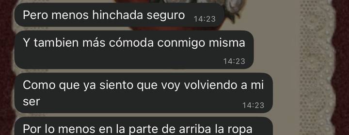 Captura de WhatsApp de una alumna diciendo que se siente más cómoda consigo misma